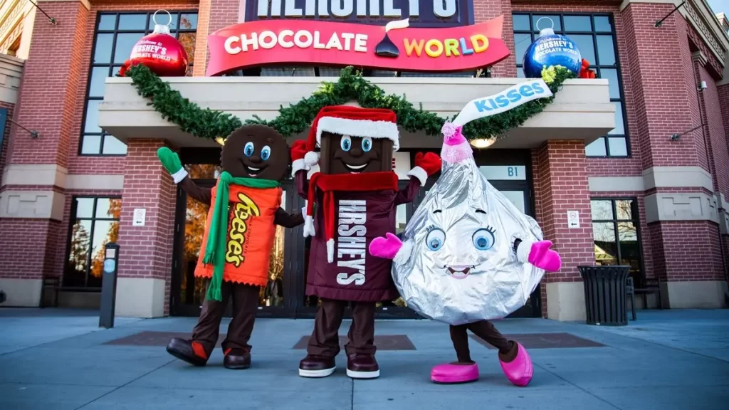 Hersheys Chocolate World Hershey’s Chocolate World entrance with costumed candy characters posing outside the attraction building